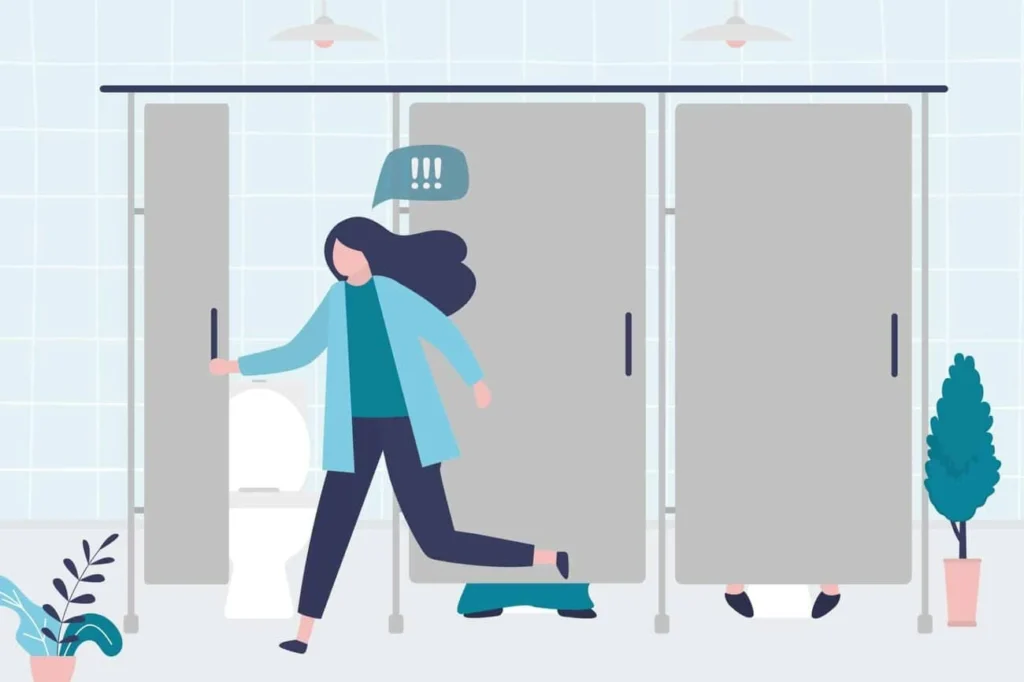 graphic of Urine incontinence Keighley woman running to the toilet.