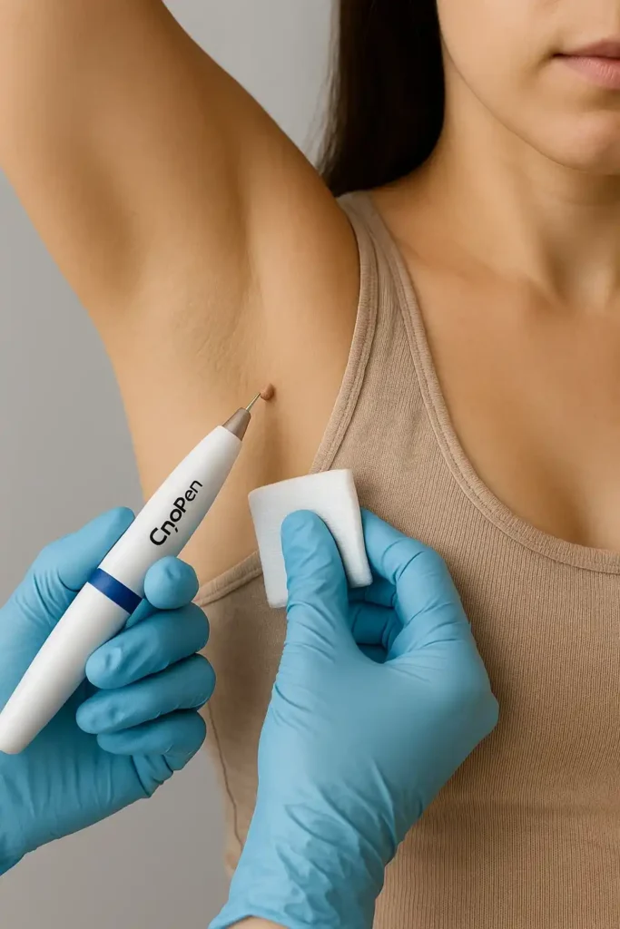 woman having cryopen to remove underarm skin tags Keighley