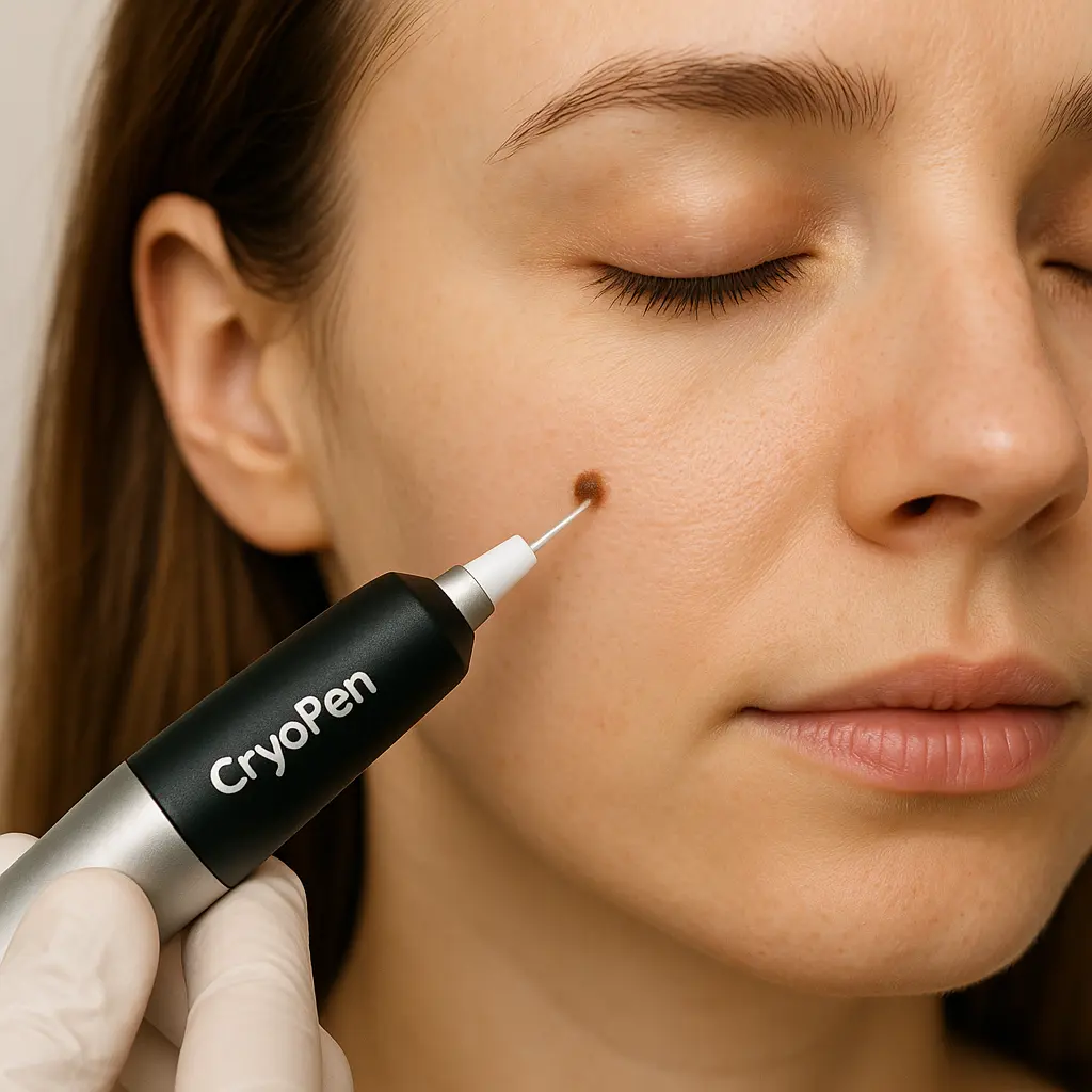 woman receiving facial mole removal Keighley using cryopen 